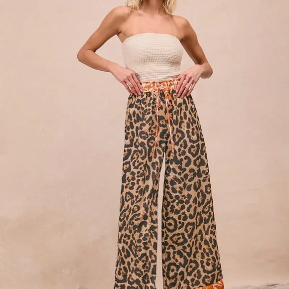 BiBi Leopard Print With Contrast Banded Wide Pants - Picture 6 of 11
